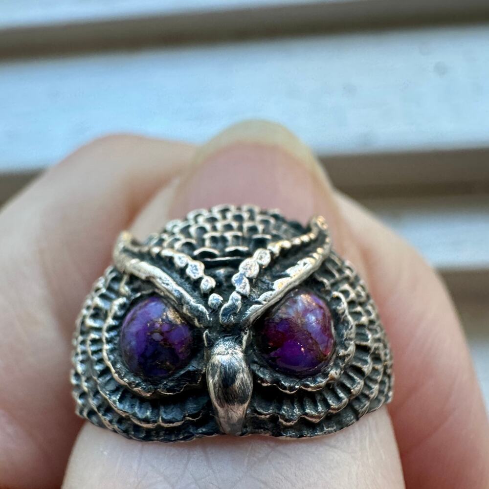 NEW! Owl Sterling Silver 925 Blackened Artisan Ring! Size 7 Silver Purple Black